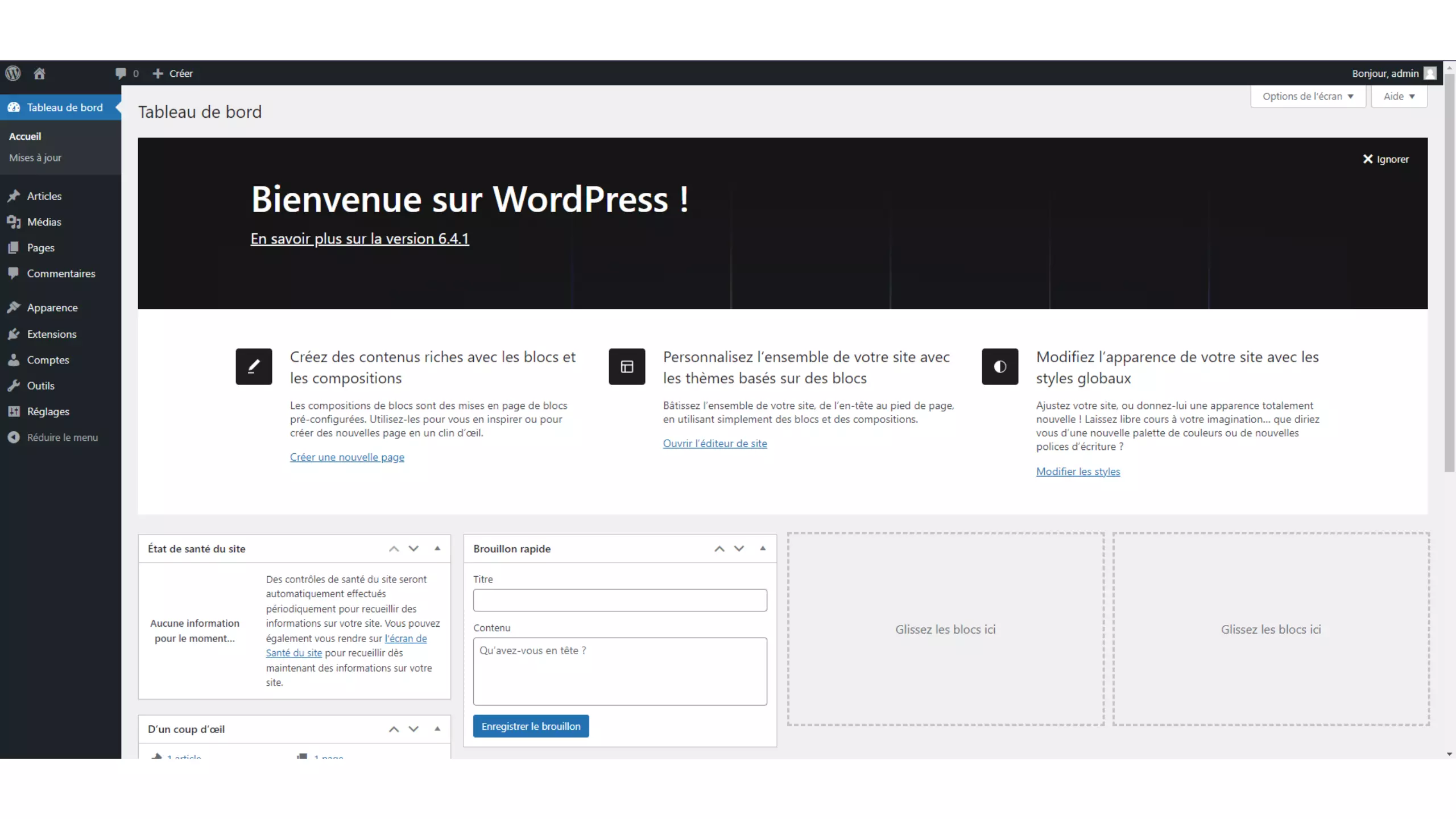 page admin d'exemple de wordpress