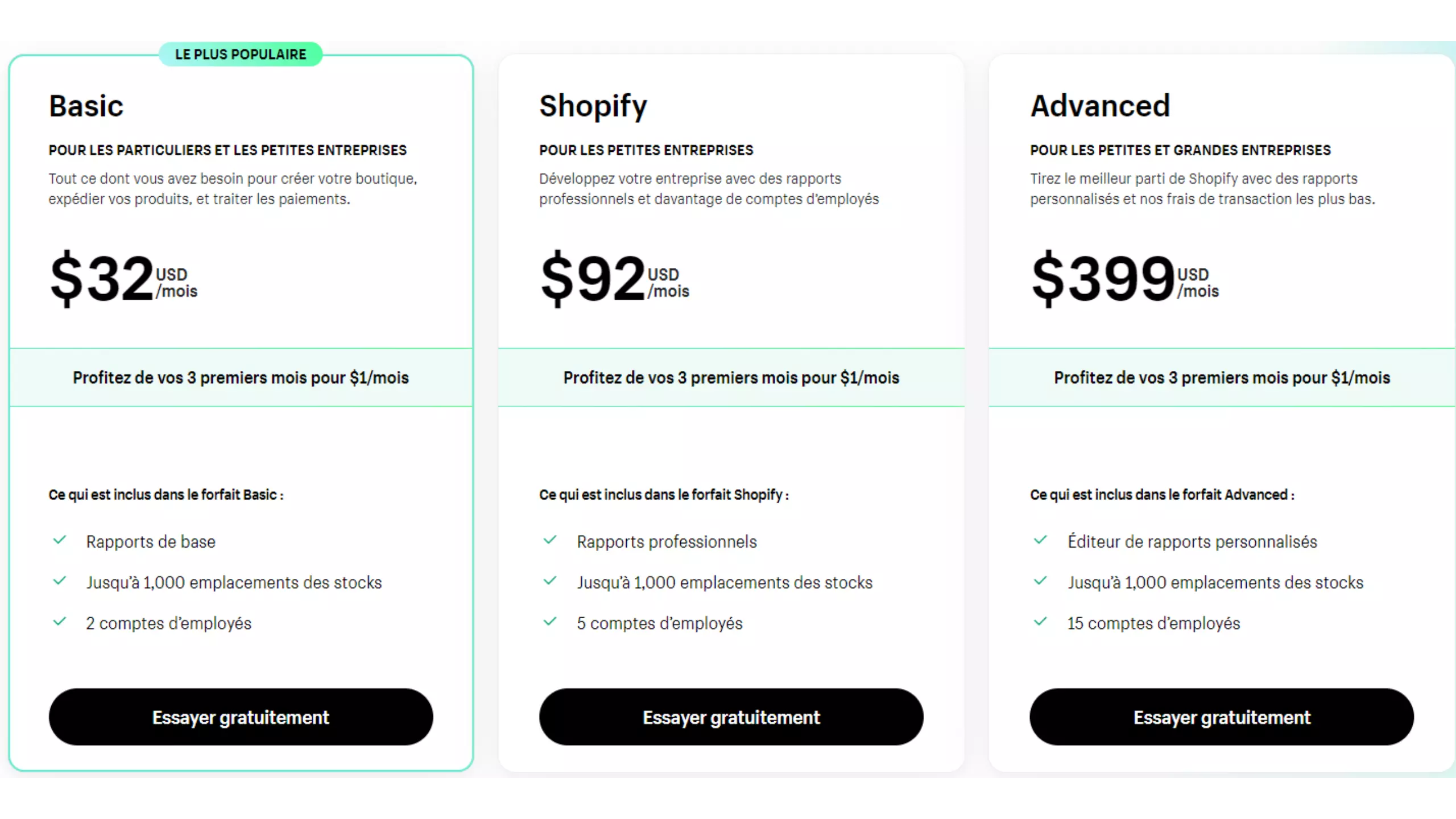 Tableau des tarif du site Shopify
