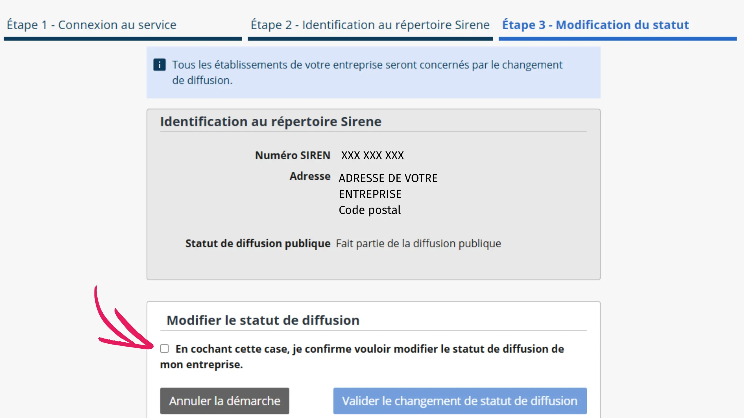 case-a-cocher-siren capture d'écran de la page avec une case à cocher pour changer son statut de diffusion SIREN