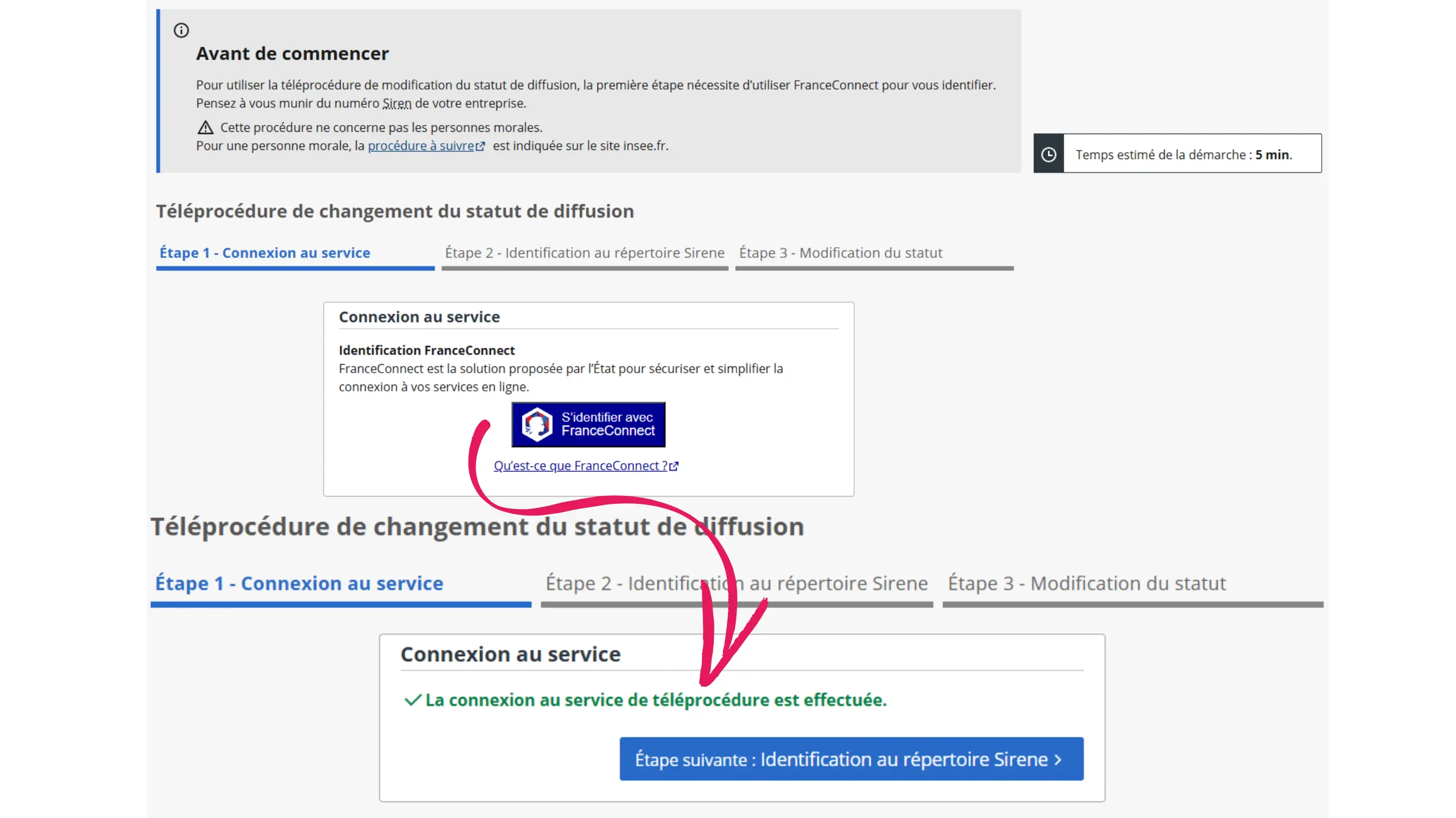 connexion-service-changement-statut-siren page de connexion via france connect au service de changement de statut de diffusion SIREN