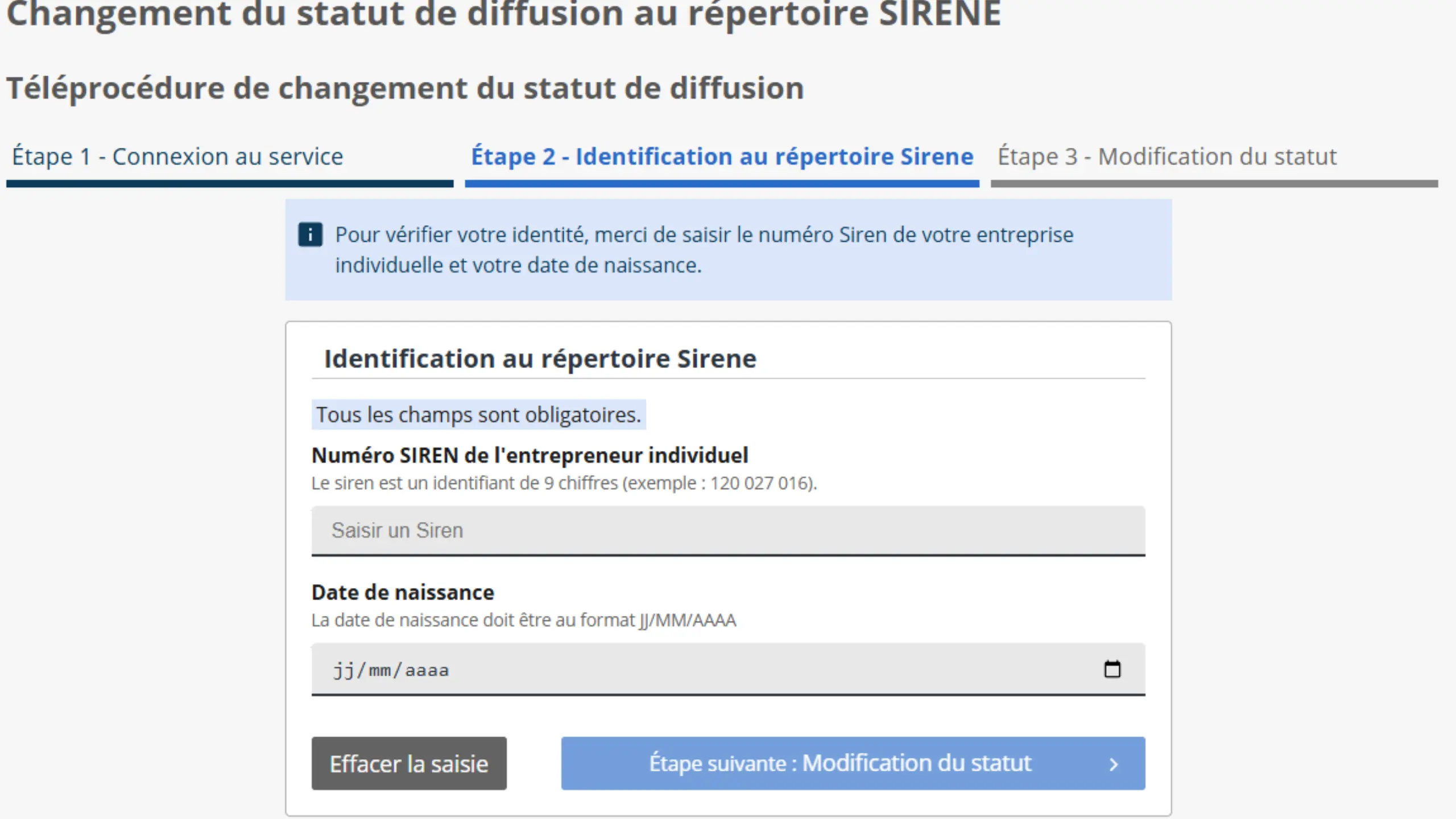 identification-siren page d'identification de SIREN qui requière le numéro siren et la date de naissance