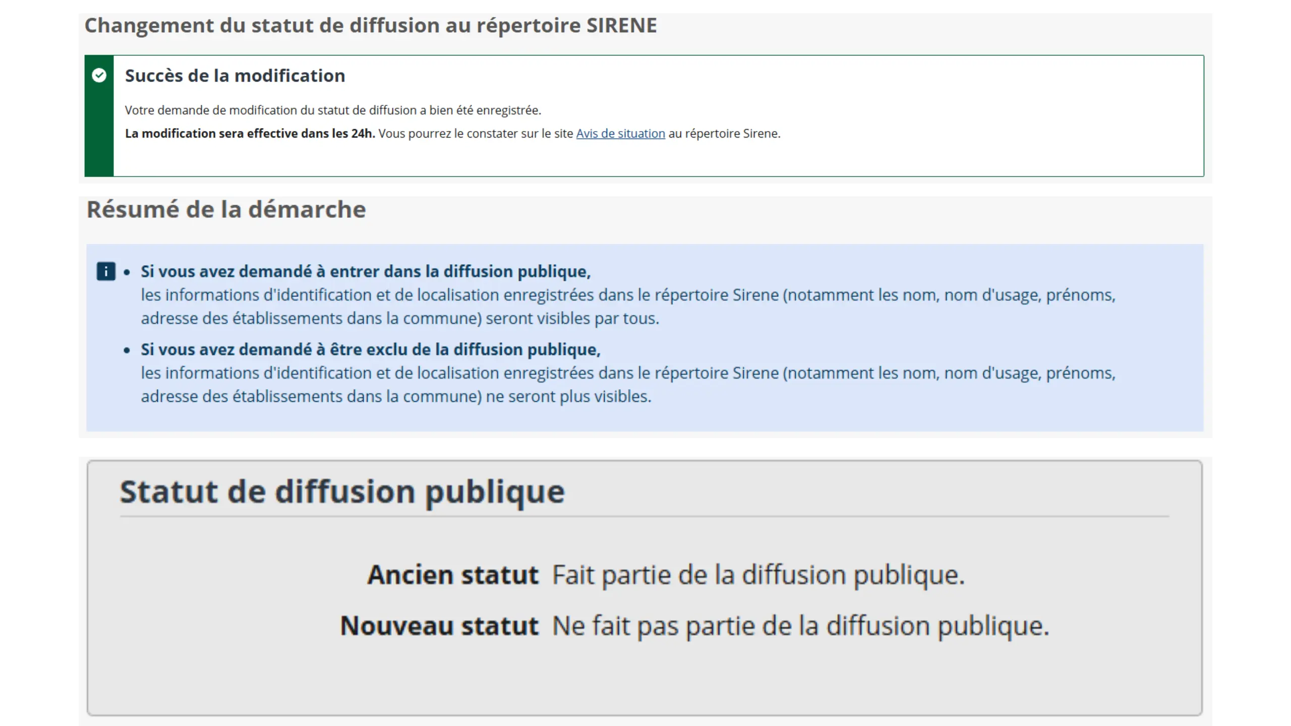 page-fin-demarche-siren Page de fin de démarche avec les indication que la demande est en cours de traitement