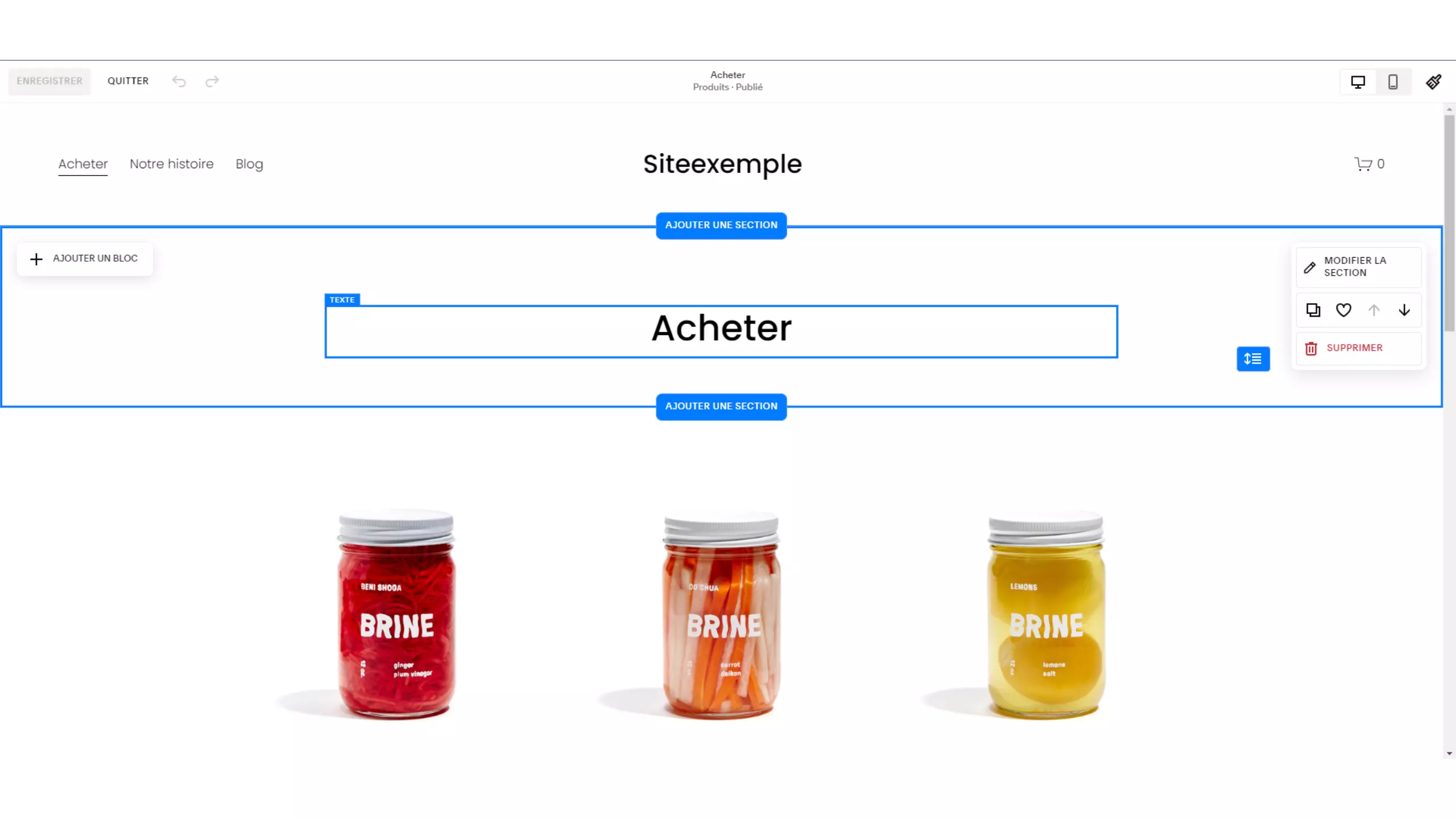 Interface du constructeur Wix avec un template d'exemple