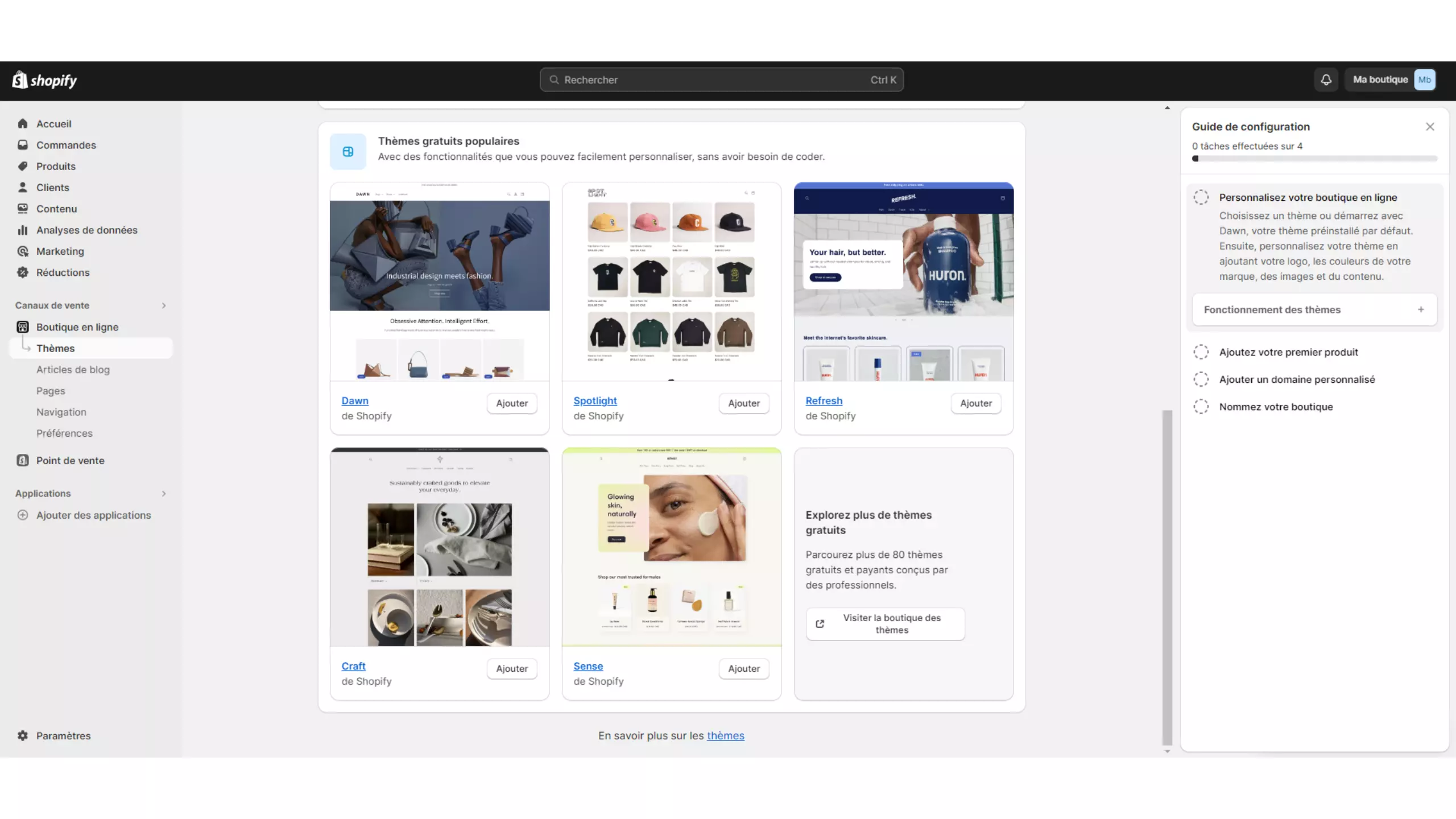 page de choix des templates du site shopify