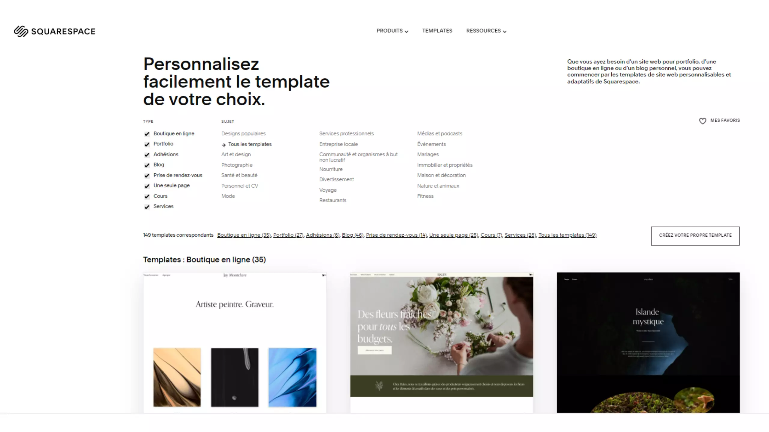 page de choix des templates du site squarespace