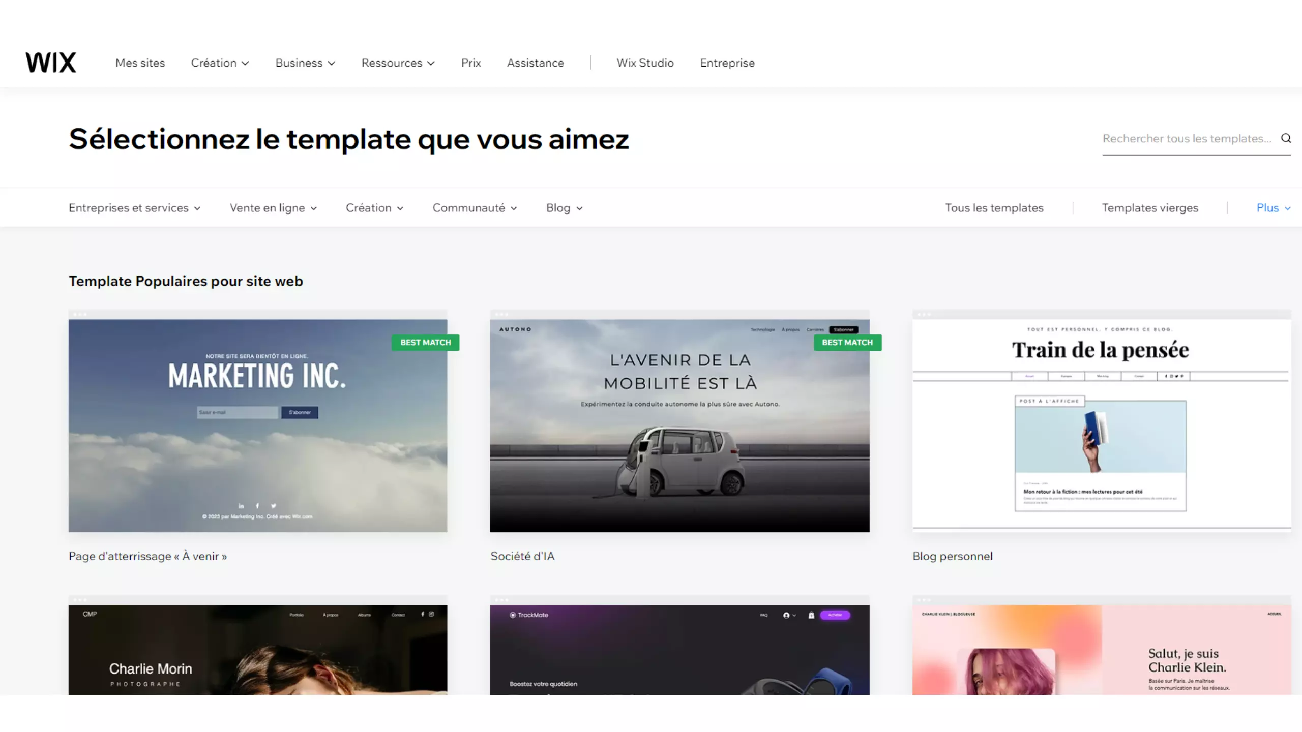 page de choix des templates du site wix