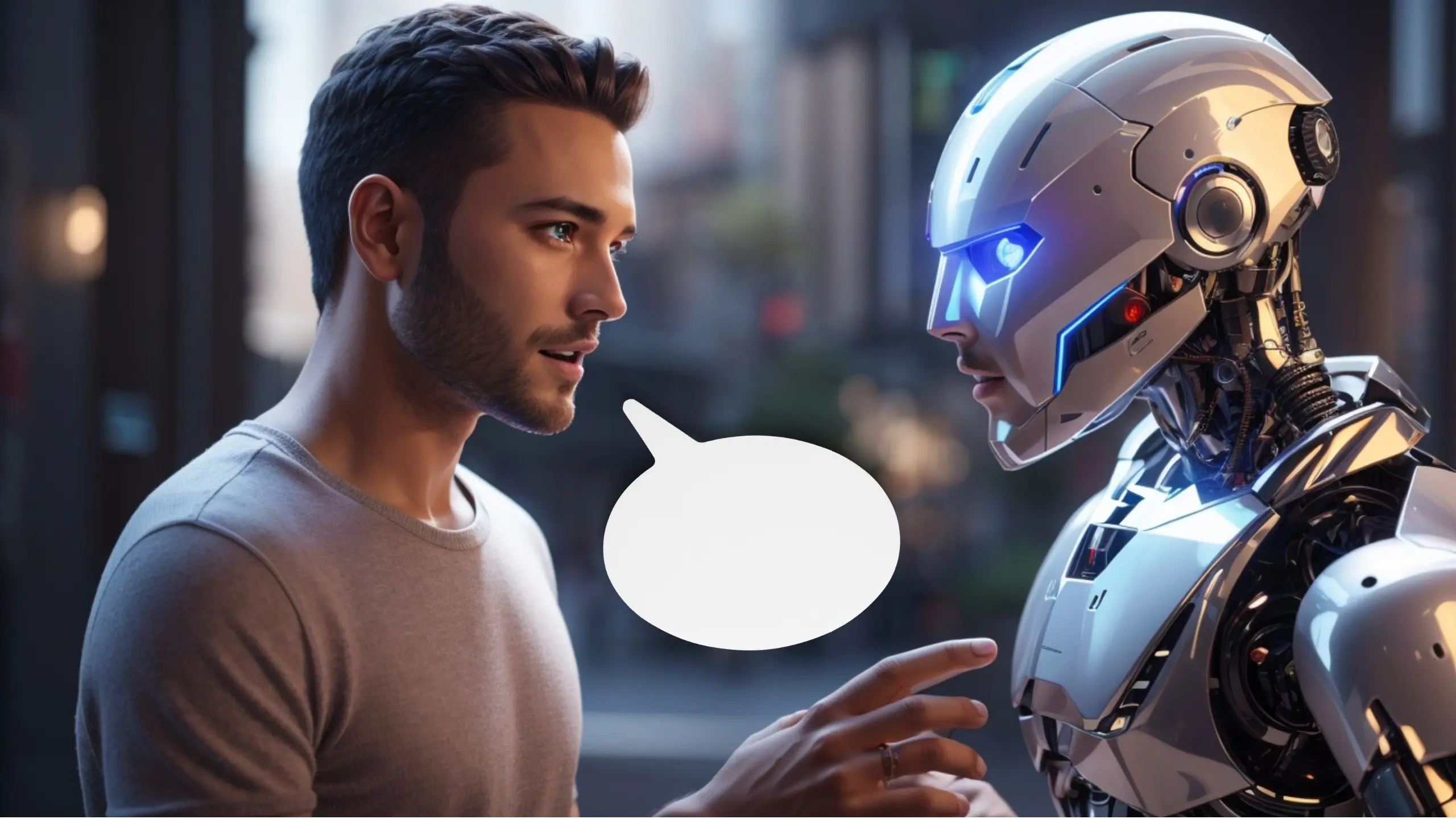 image représentant un homme qui parle avec un robot